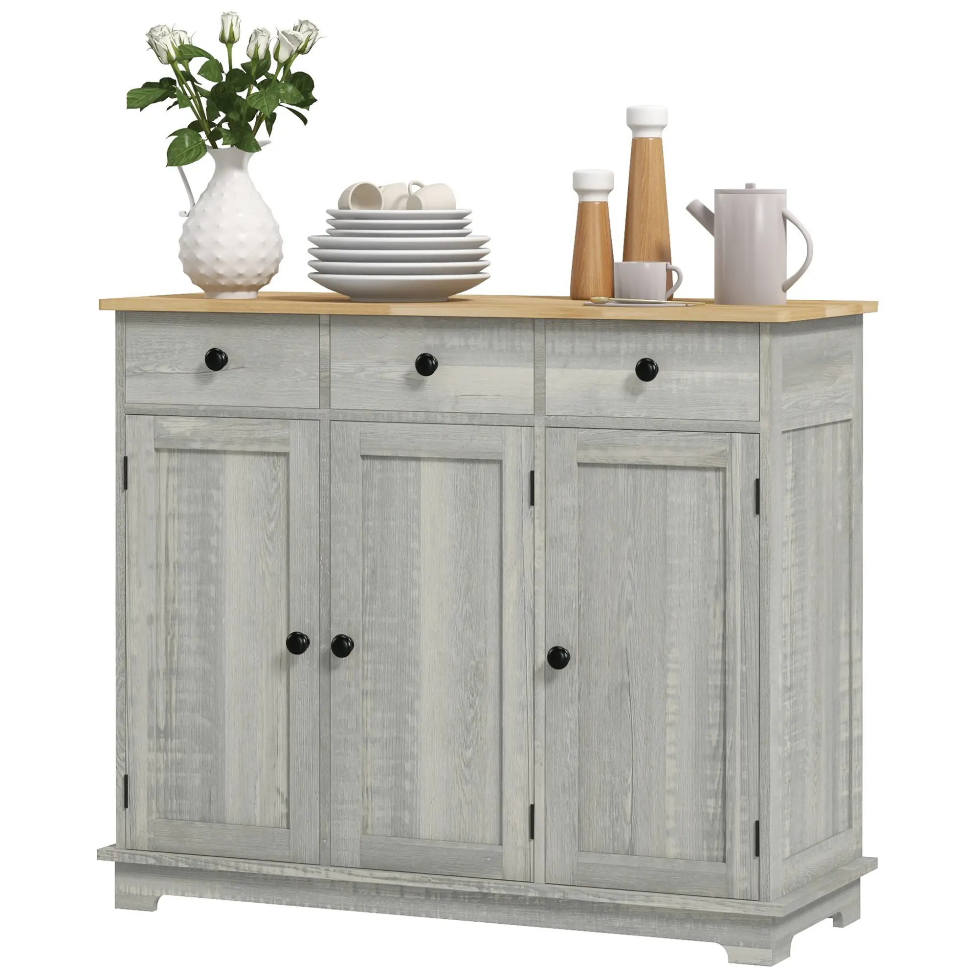Light Gray Kitchen Storage Cabinet Sideboard Floor Cupboard with Solid Rubber Wood Top Adjustable Shelf 3 Drawers for Dining Room Entryway Living Room Coffee Bar