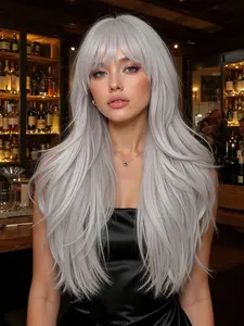 Fashionable New 26 Inch Large Scalp Area Light Grey Long Wavy Wigs with Bangs Synthetic Wigs for Women Suitable for Daily Use, Parties or Cosplay Taking Photos Wavy Synthetic Hair
