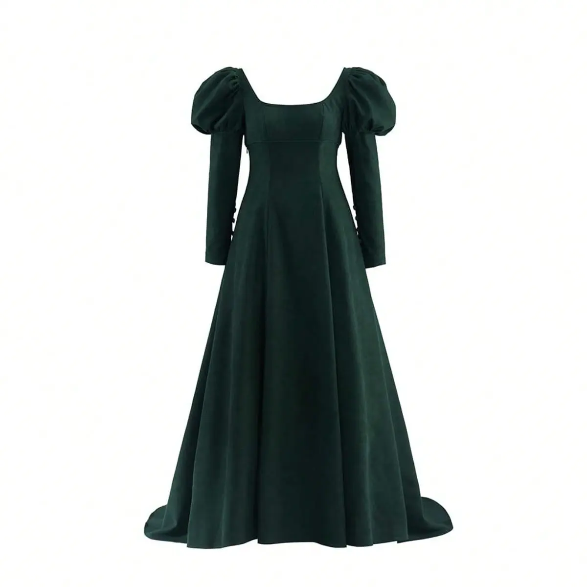 Women's Regency Velvet Gown, Dark Green A-Line Formal Prom Dress with an Empire Waist and Long Puff Sleeves, Long Sleeve, Luxurious