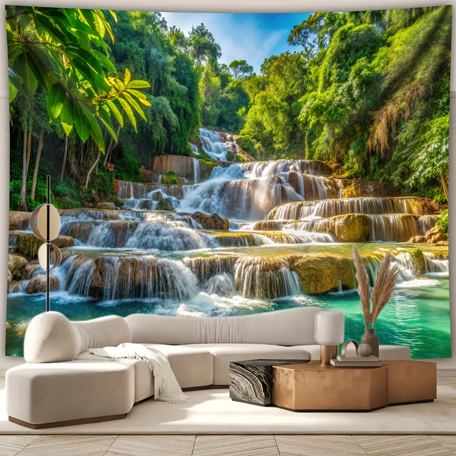 1pc Lush Waterfall Spring Landscape Wall Tapestry - Vibrant Oversized Polyester Hanging Cloth with Horizontal Graphic Design, Perfect for Living Room, Bedroom, Office & Home Decor - No Installation Needed, Landscape Decor