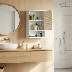 Wall Mounted Bathroom Cabinet, Bamboo Over-Toilet Hanging Medicine Cabinet with Rattan Doors and Adjustable Shelf, Multi-Purpose Wall Storage Cabinet for Bathroom, Kitchen, Laundry Room & Living Room