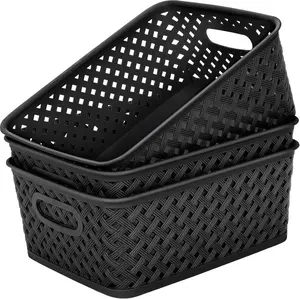 MaxGear Organization and Storage 3 Packs, Plastic Bins Organizer Bins, Woven Baskets for Storage, Plastic Baskets with Handles, Black Basket for Organizing, Basket Organizer for Home and Office, Large