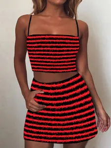2026 Summer New European and American Style Striped Fuzzy Feather Mesh Set, Strapless Top and High Waist Short Skirt Two Piece Set