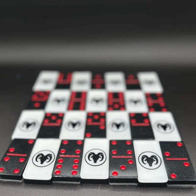Aries Custom Domino Set - Black White Red Dots with Unique Logo Design