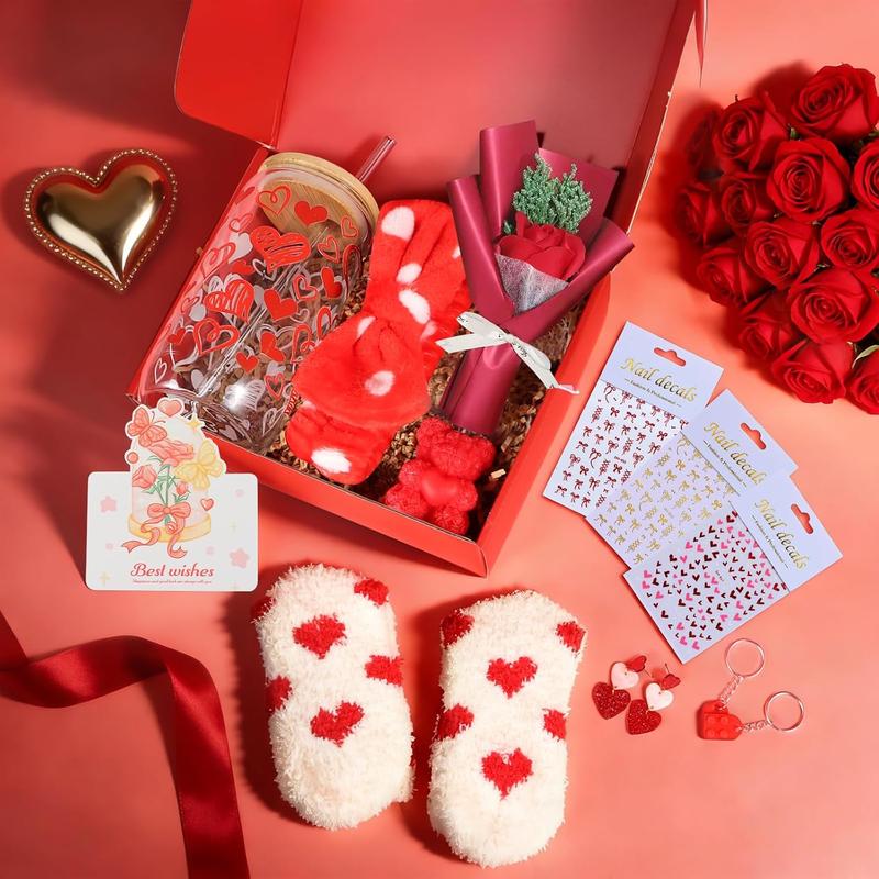 Valentines Day Gifts for Her Basket - 11Pcs Valentines Basket for Women, Red Gifts Box with 20 oz Tumbler with Lid, Rose & Red Heart Keychain for Mom Teacher Wife Daughter Teen Girls Girlfriend