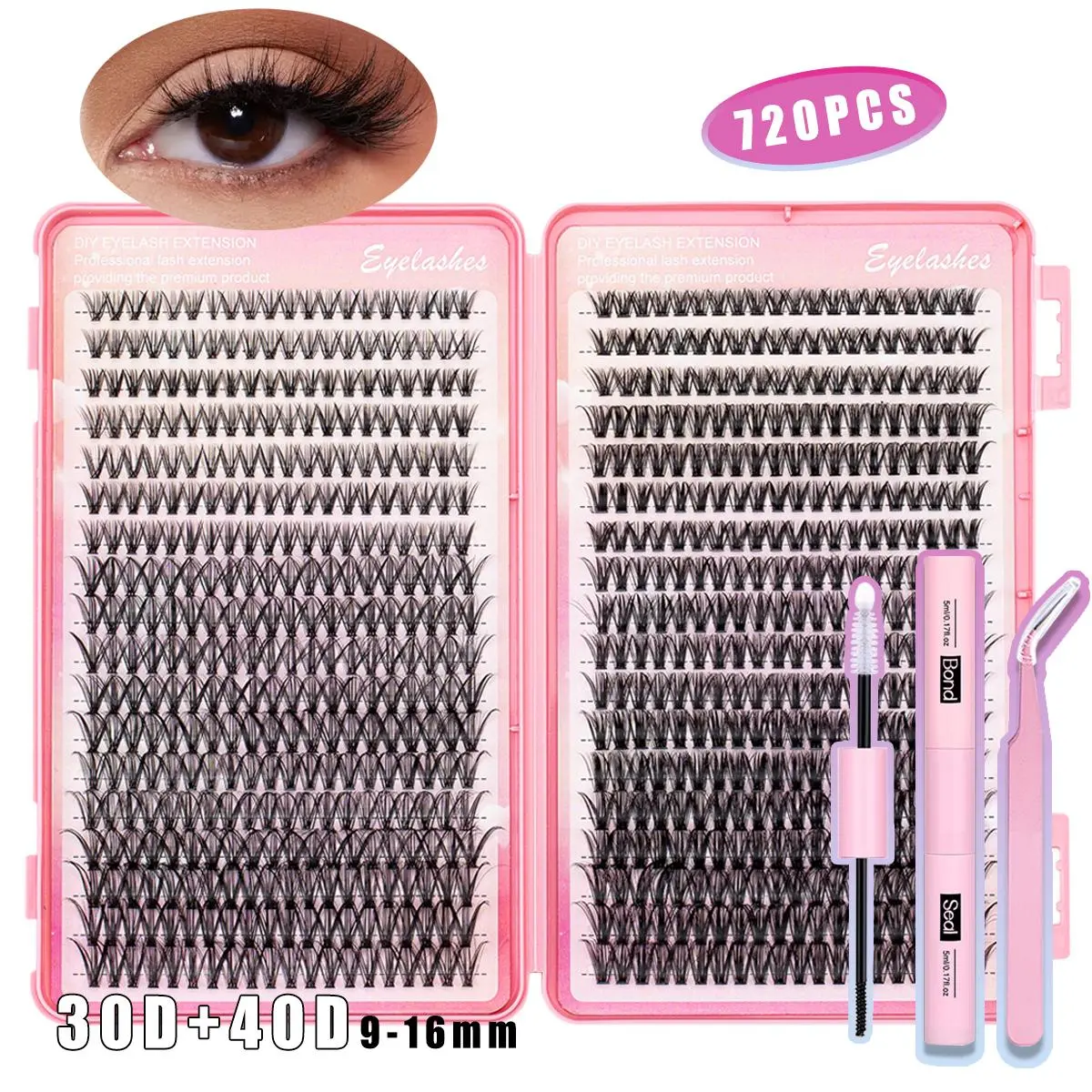 720pcs Mixed Individual False Eyelashes, Female Eyelash Extension Kit, DIY Eyelash Extensions,30D40D,Diy Volume Eyelashes,Soft Curly Natural Fake Eyelashes for Women and Girls Eye Makeup ,with Bond&Seal Tweezers, Diy Eyelash Set