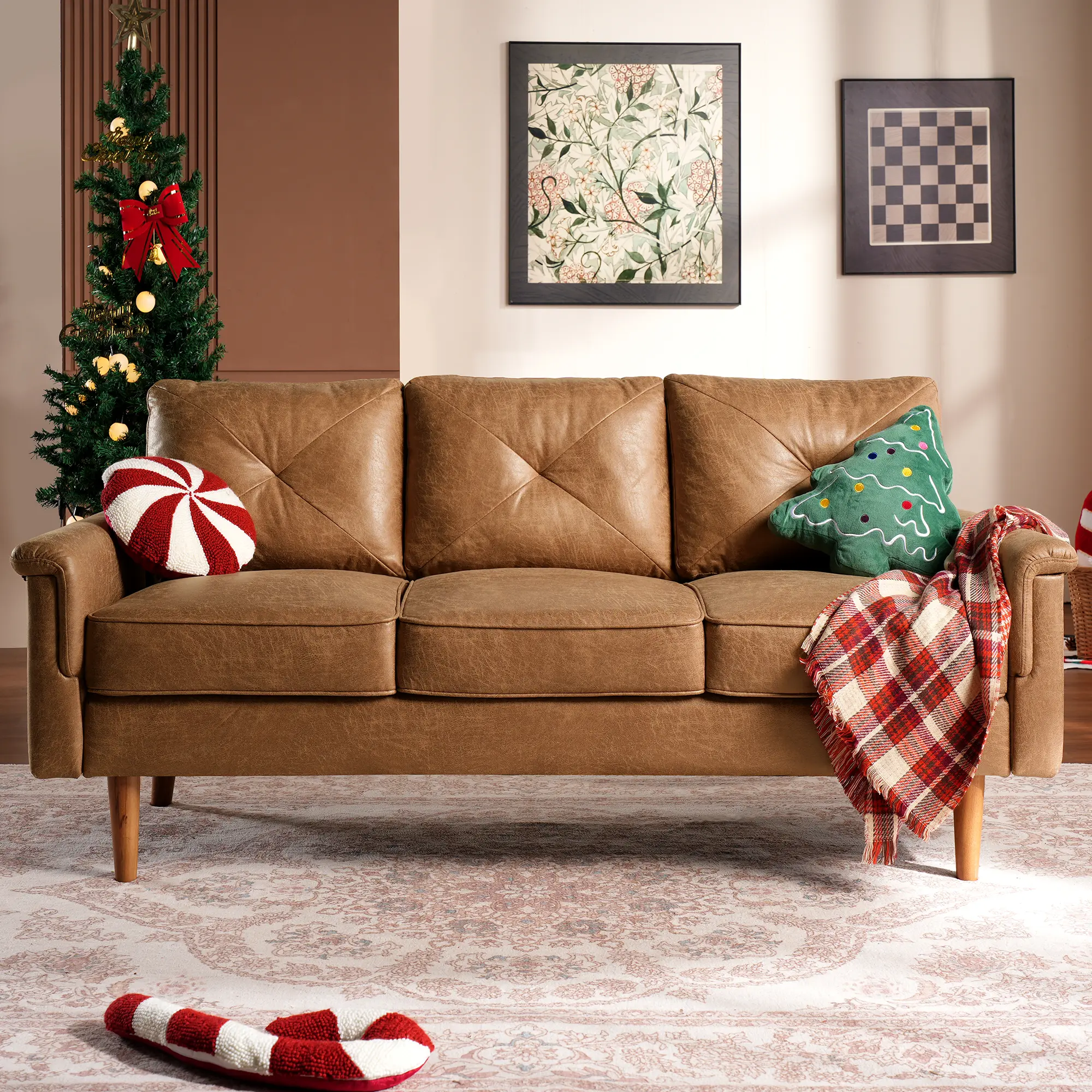 ALLWEX 71" Brown 3 Seater Sofa Couch, Mid Century Modern Upholstered Sofa with Deep Seats, Soft Suede Fabric, Solid Wood Frame, High Resilience Cushions for Living Room, Apartment & Family Room