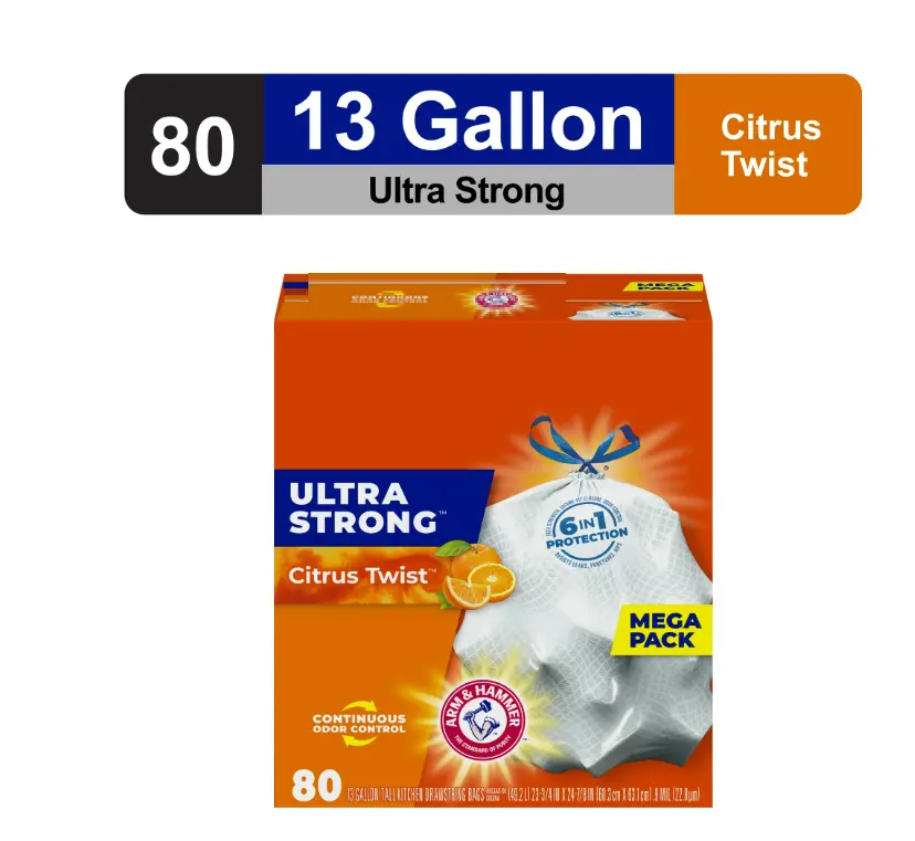 Ultra Strong 13 gallon Trash Bags, Tall Kitchen Trash Bags, White, Citrus Twist Scent, 80 Bags