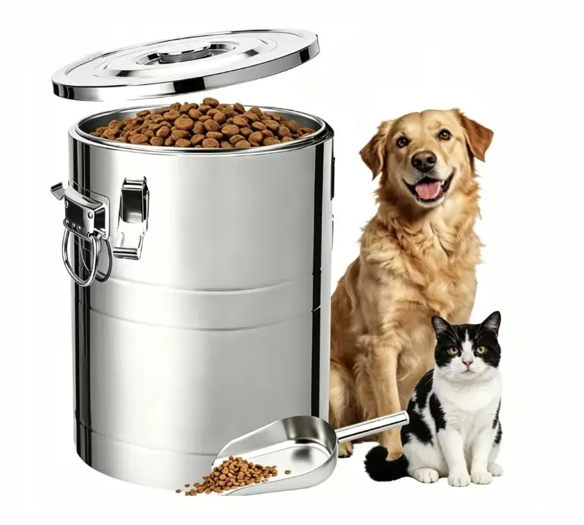 Stainless Steel Pet Food Storage Container, Airtight Large Capacity Dog Food Bin with Scoop, Heavy-Duty Metal Pet Food Holder for Dry Food, Rice, Treats