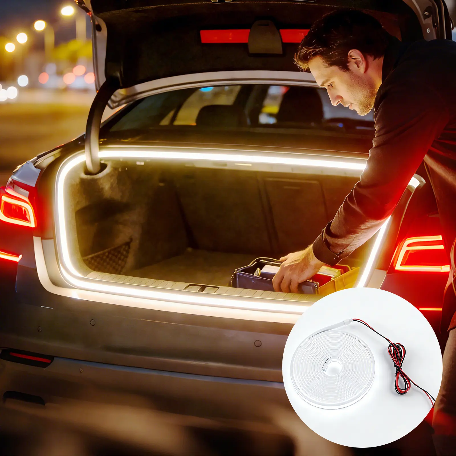 160-Inch 12V Durable Universal Car Trunk Light Kit - Automatic Auto-Sense Magnetic Sensor, Flexible Silicone Waterproof, Plug-In Energy Efficient, Start-Up Streamer Scanning, Bright Soft Warm White Ambient Glow, Emergency Lighting, Camping Accessory