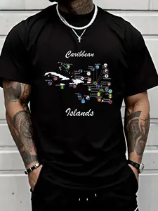 Caribbean Islands Flags and Map, Caribbean Sea Vacations T-Shirt - 100% Cotton Short Sleeve Crew Neck Casual Shirt, Suitable for All Seasons, Men’s Wear