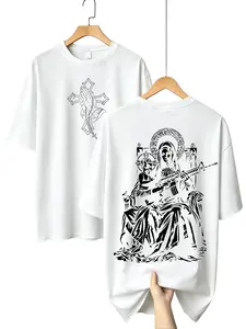 Men's 100% Premium Cotton Apparel, Menswear Round Neck Short-Sleeve Oversized Casual Classic T-Shirt with Double-Sided Viral Virgin Mary AR-15 Grunge Graphic, Streetwear Style tee t-shirt gift