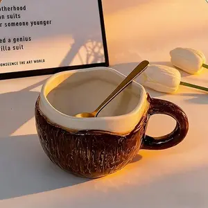 UFORU Cute and Creative Ceramic Mug Set, Strawberry/Watermelon/Coconut/Panda Coffee Cup with Lid/Straw/Spoon, Ceramic Cup Home, Microwave Dishwasher for Office Use, Instagram Style Cute Girl Gift