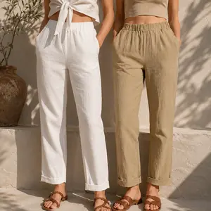 Women's High-Waisted Linen-Blend Wide Leg Pants - Elastic Waist, Breathable, Lightweight, (White/Beige), Ideal for Summer, Casual Womenswear Bottoms