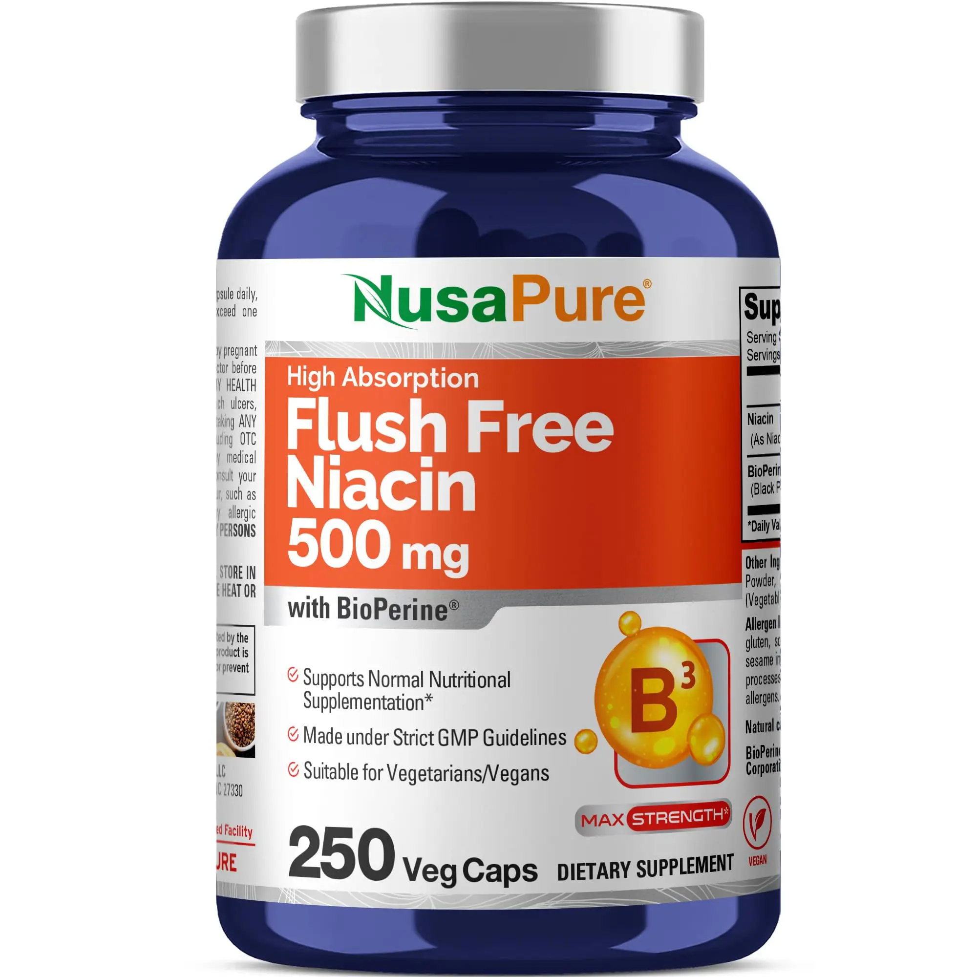 NusaPure Edible FUSH Free Niacin Dietary Supplement, 500mg Vitamin Capsules - 250 Count, Plant-Based for Vegetarians/Vegans, Non-GMO, Metabolism Support for Adults, With Bioperine (Consult a Doctor Before Use)