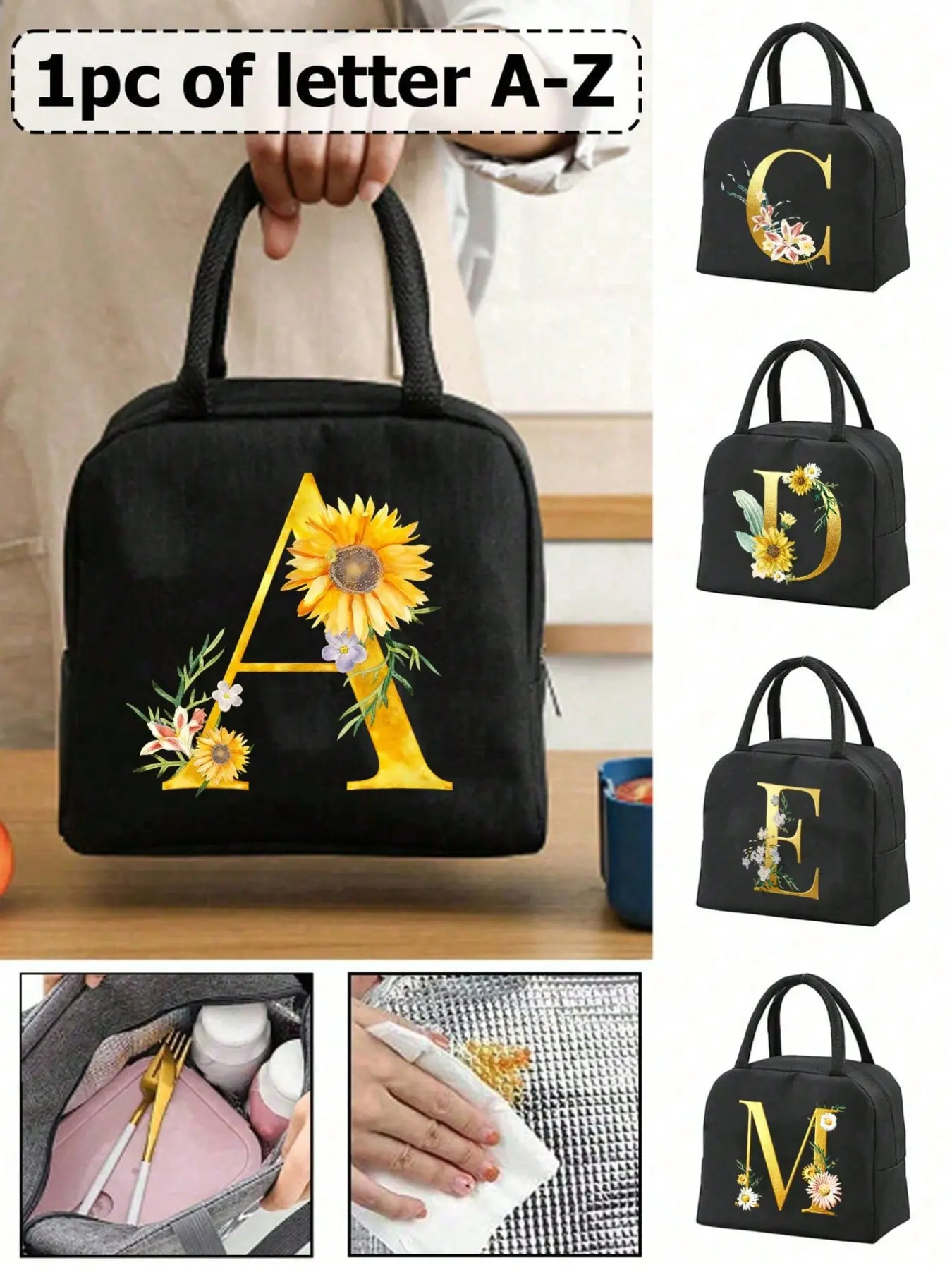 One insulated bag with a letter pattern, thermal lunch bag, Reusable lunch bag, picnic food tote, lightweight portable canvas lunch storage bag, school and office picnic lunch tote, suitable for carrying to school and work