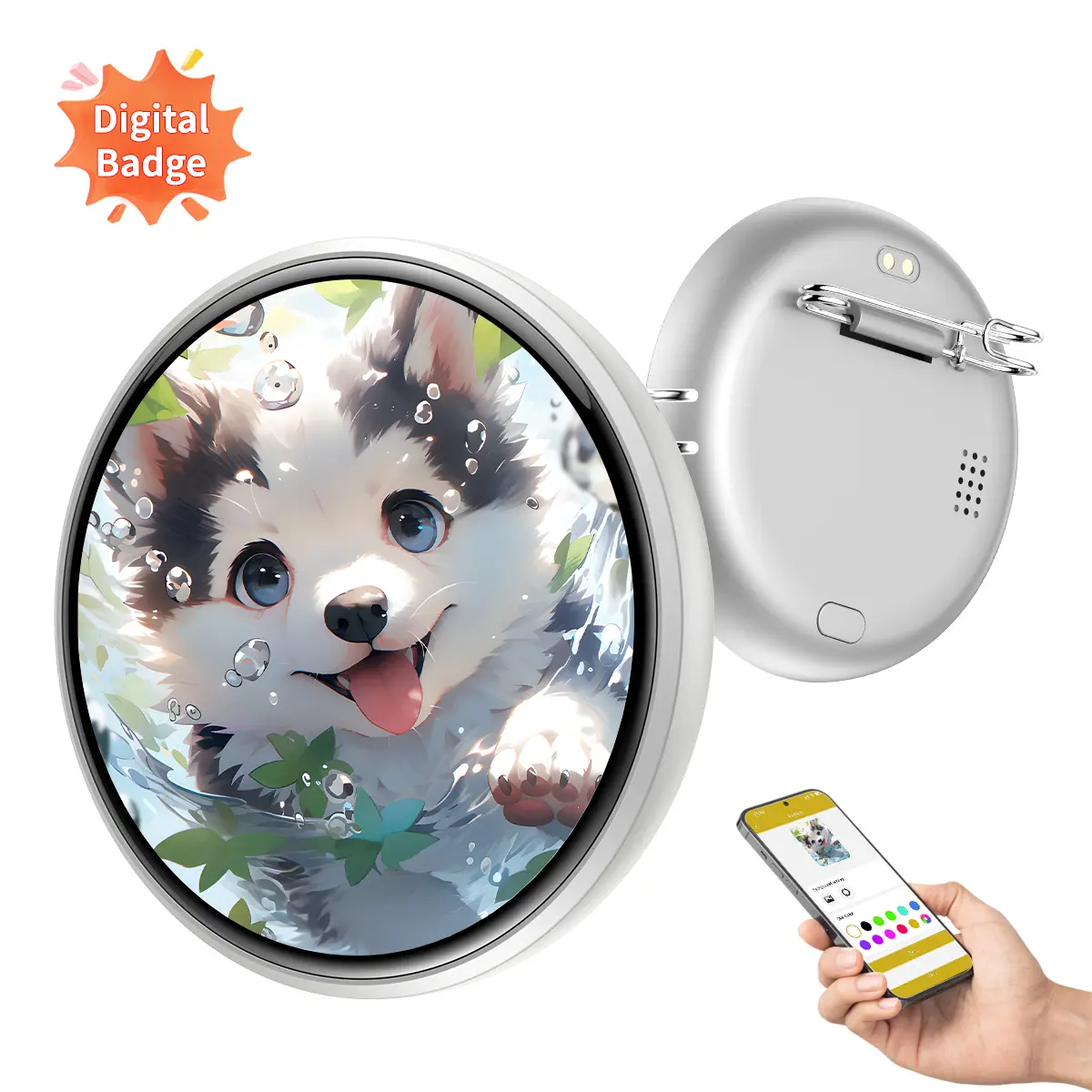 58mm Electronic Badge ,1.85" HD Touch Screen Photo &GIF/Video Display Large Battery Long LifeConnect via App Customize Content for BackpackClothing Decoration