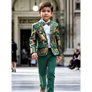 Suit, One-year-old Dress, Multi-piece Suit, Fashionable and Handsome Golden Print, 2, 3, 4-year-old Children's School Season Coat, Gentleman's Bow Tie, Dark Green Trousers, Boys '5, 6, 7-year-old Graduation Season Performance Formal Clothing