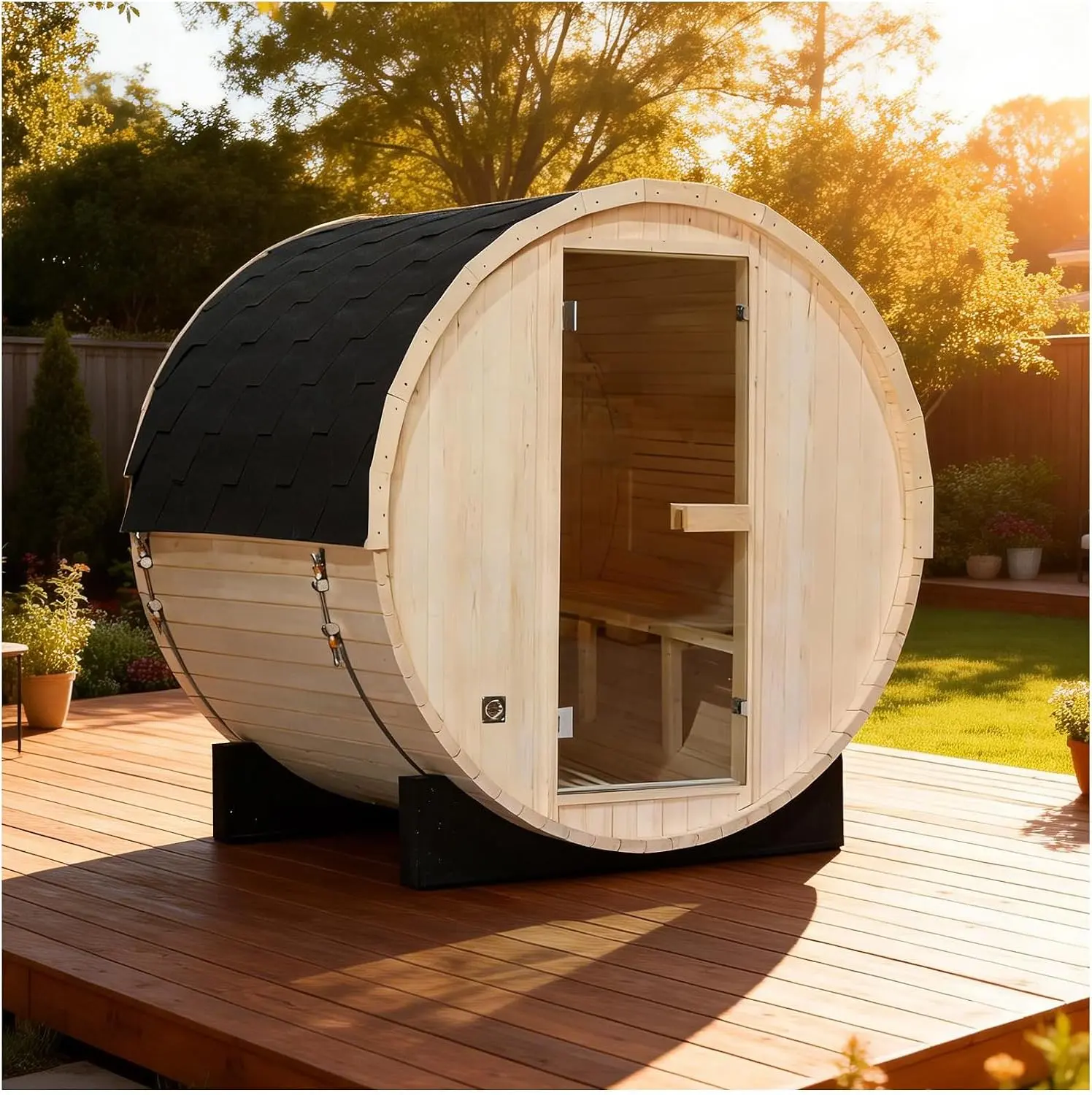 Outdoor Barrel Steam Sauna 2 Person, Canadian Spruce Wooden Saunas Room for Home, Traditional Backyard Spa with 4.5KW Toule Heater, Rocks, Bucket, Waterproof System (70.87”x 47.24”x 70.87”)