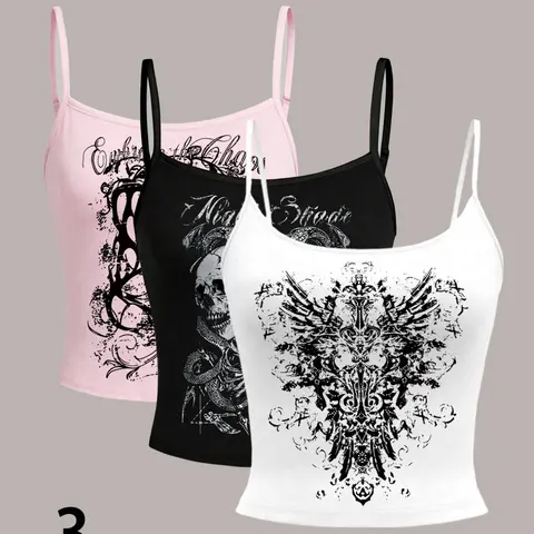 Women's Three-Piece Set Halter Top Crop Top Thin Straps Y2K Rock Metal Music Lover Gift Sexy Youth Fashion Trend Casual Plain Butterfly Print Crop Camisole Summer Tops Trendy