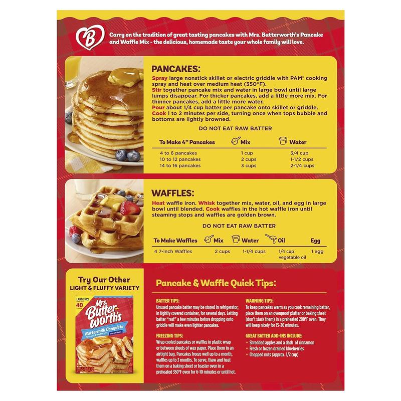 Mrs. Butter-Worth's Original Complete Pancake & Waffle Mix Large Size 32 Ounce Makes About 40 Servings Just Add Water