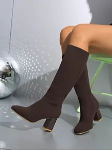 Autumn and winter elastic knitted long boots for women, high-heeled knight boots, comfortable and breathable knitted horse boots, perfect leg fit, women's fashion boots, Rubber