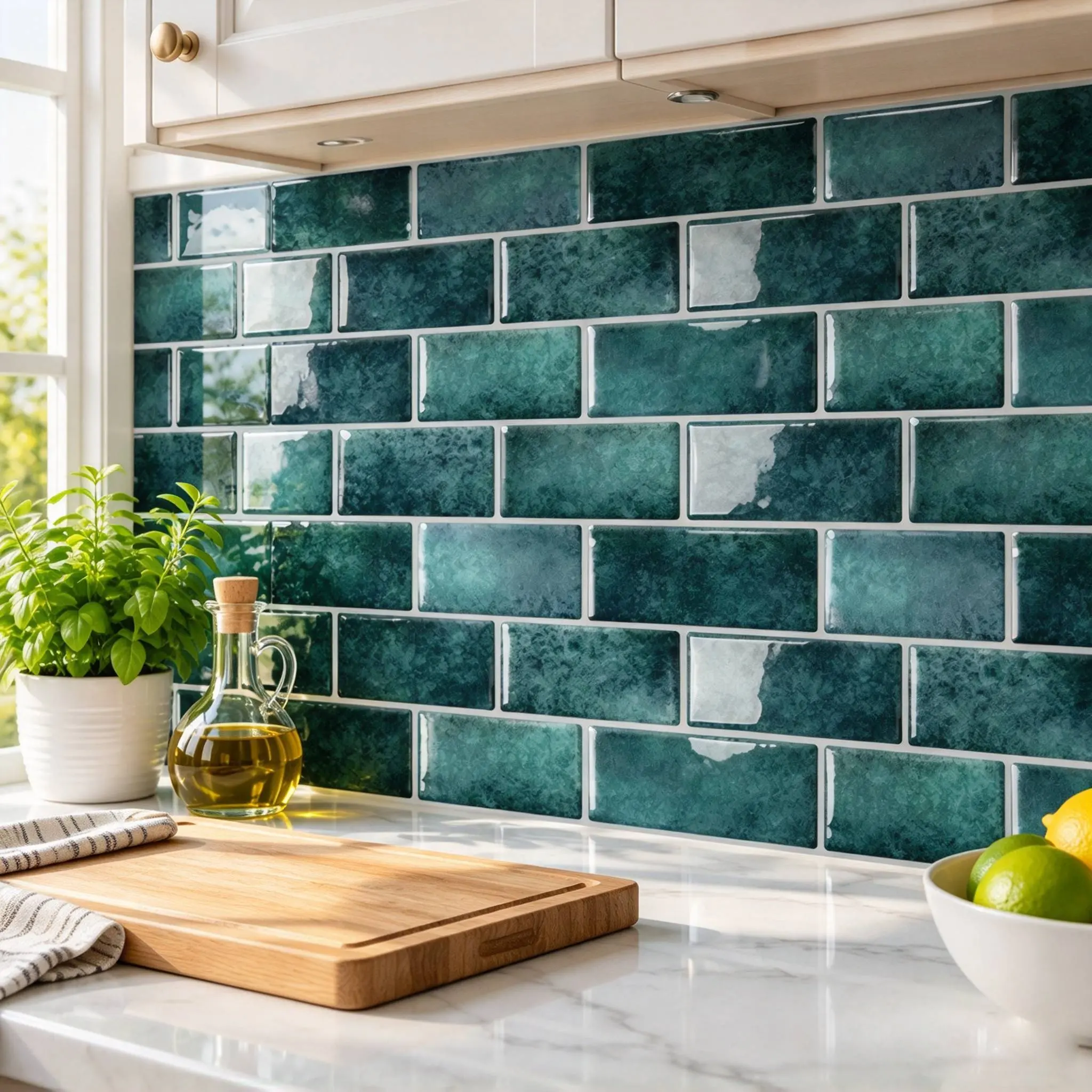 DEWOO Renter-Friendly Peel and Stick Backsplash Tiles Pack, 10pcs 12in*12in Vintage Teal 3D Subway Tiles Sticker, 1.2mm Thick Waterproof Heat-Resistant Decor for Kitchen Bathroom
