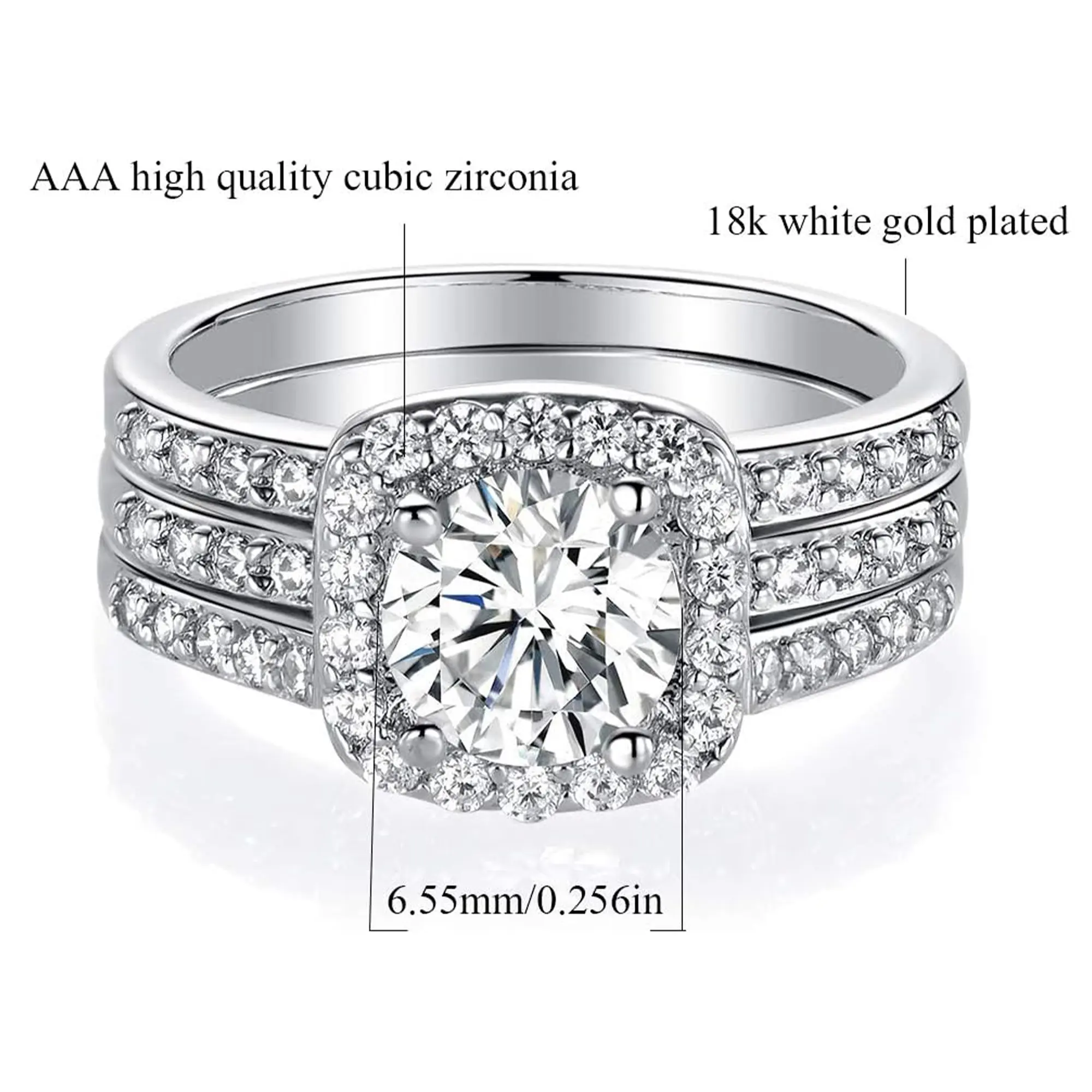 GEMSME 1.5 CT Round Cut Classic Three-in-One 3 Pieces Set Halo Wedding Engagement Promise Eternity Opal Ring for Women Mother Day Birthday Christmas Gift R-0969  Halo Ring Bridal Ring Set