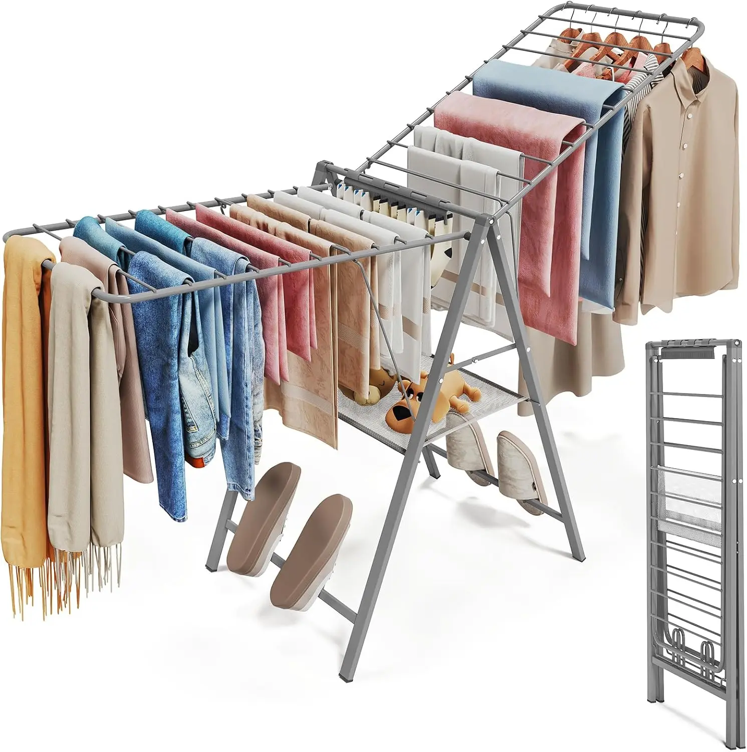 Clothes Drying Rack Foldable, Metal Laundry Drying Rack Collapsible, Portable Compact Clothes Rack for Sweater  Clothes Towel Indoor & Outdoor, Height Adjustable Clothes Airer, Grey