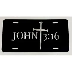 John 3:16 Christian Cross Black Metal Car License Plate Tag Weatherproof Rustproof Great Christian Gift