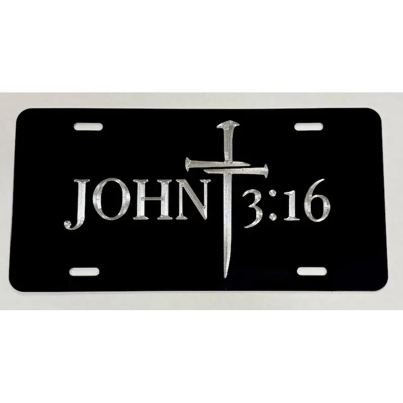 John 3:16 Christian Cross Black Metal Auto Car License Plate Tag - Etched Print, Cross Symbol, Weatherproof, Rust Resistant, Symbolic & Practical Design, Ideal Christian Gift