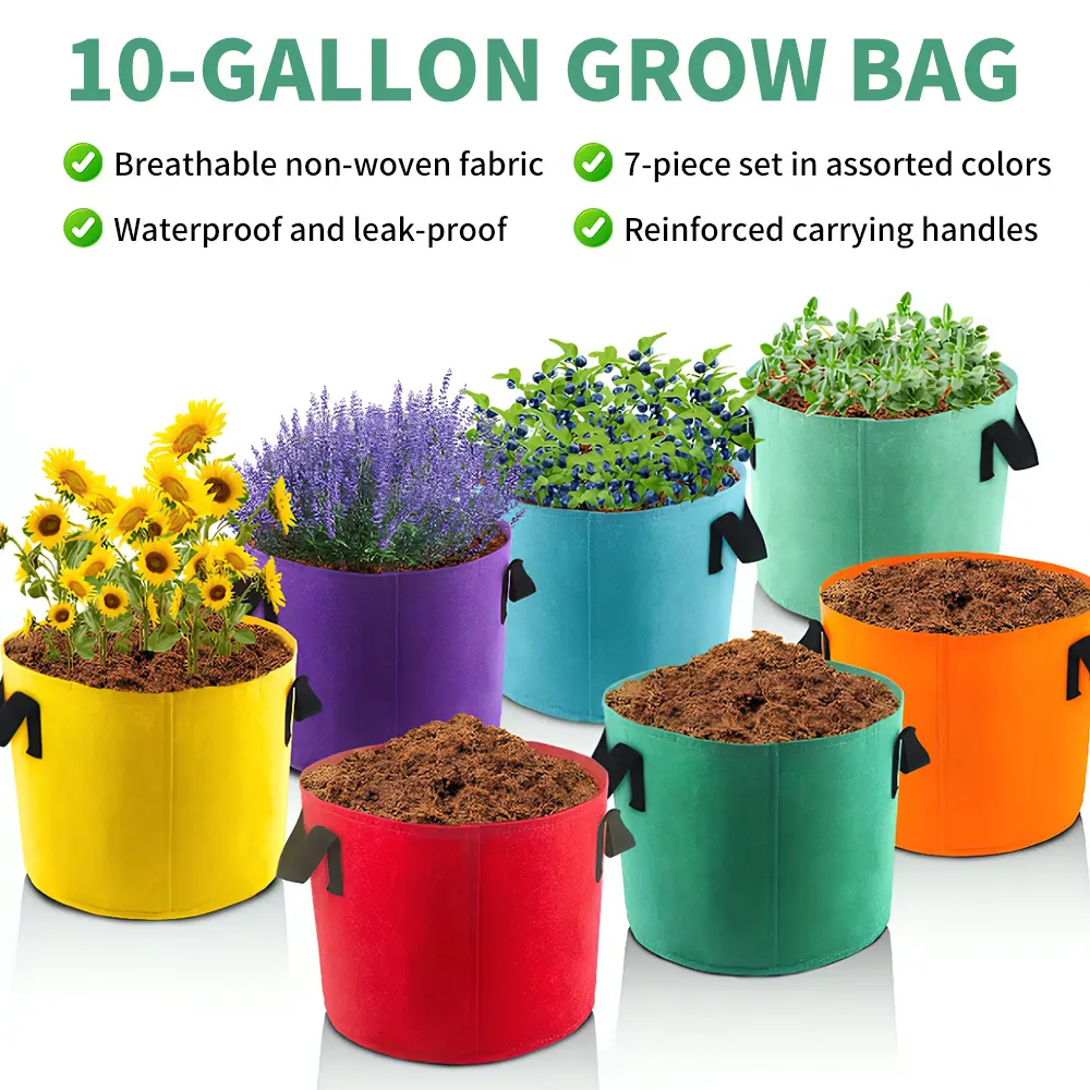 10 Gallon Grow Bags, 7 Pack Colorful Fabric Plant Pots with Handles for Garden and Outdoor Planting, Planting Bag For Teaching Device