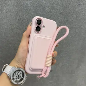2-in-1 magnetic liquid silicone phone case+magnetic card bag+wrist strap shock-absorbing phone case suitable for Apple/iPhone 17/16/15/14/13/12/11 Pro Max Plus Magsafe supports wireless charging, men's and women's solid color simple all inclusive anti fal