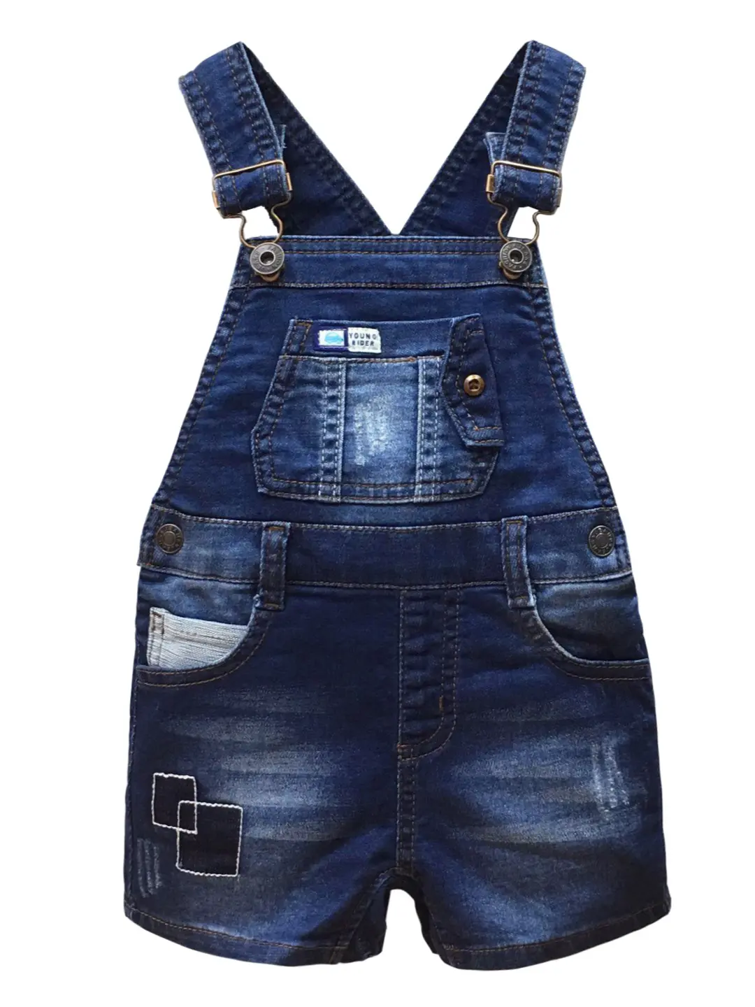 Kidscool Space Toddler Denim Shortalls, 12M-5T Boys & Girls Dark Wash Overalls with Adjustable Straps, Bib Pocket, Side Buttons, Back Pockets, Durable Contrast Stitching for Everyday Fashion, Playground Use, Playground Looks, Everyday Kids Fashion