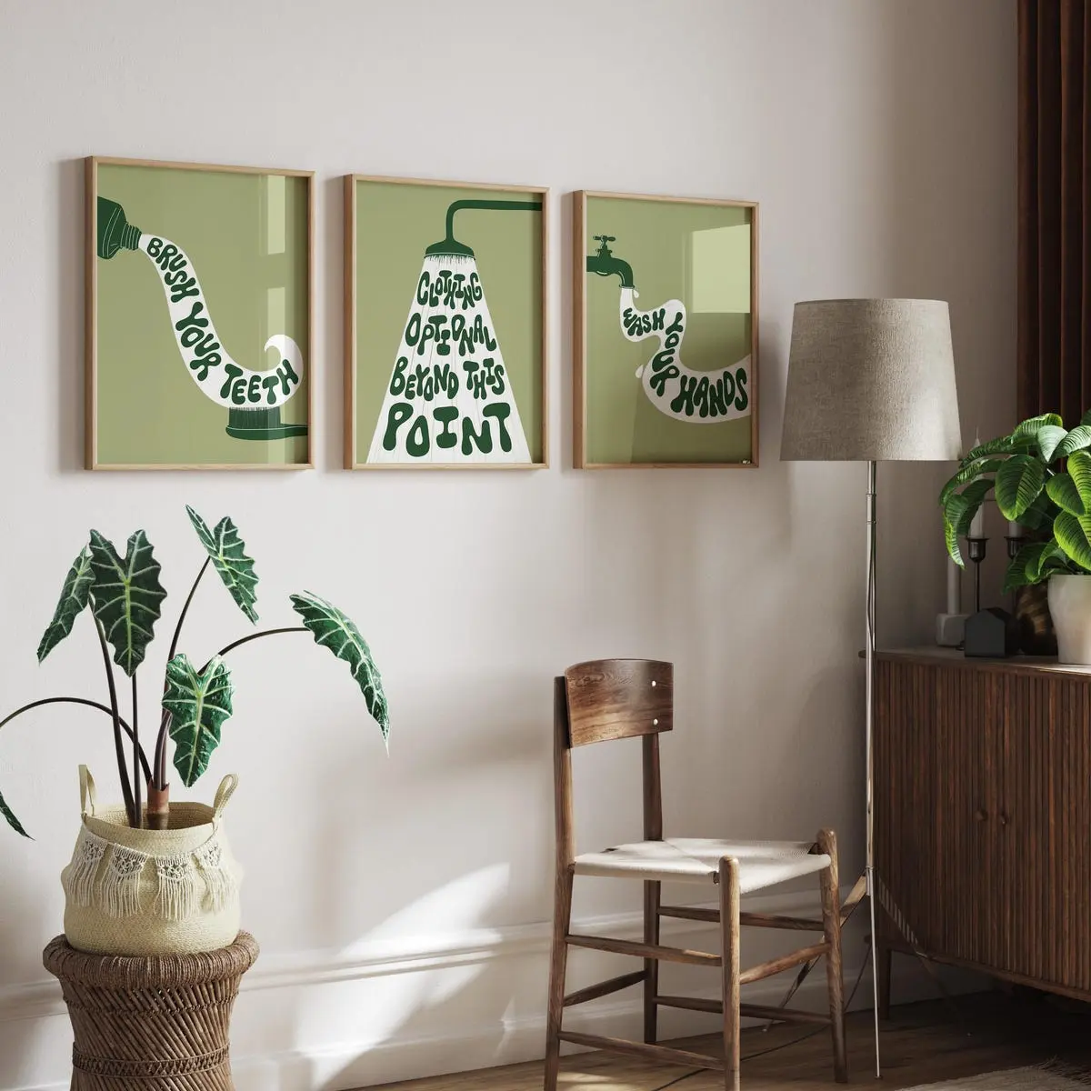Funny Bathroom Wall Art Set of 3, Quirky Green Bathroom Prints, College Apartment Room Decor, Unframed