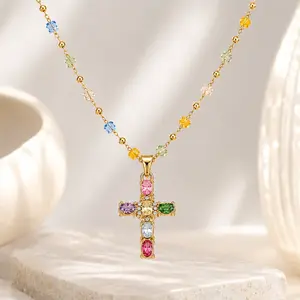 Rainbow Multicolor Crystal Cross Pendant Gold Beaded Chain Necklace Dopamine Y2K Coquette Style Layerable Statement Jewelry  Accessories for Women Valentines&birthday Graduation Gift for Girlfriend Stud