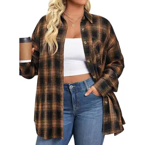 Womens Plus Size Flannel Plaid Shirts Long Sleeve Casual Collared Button Down Shirt Loose Blouse TopGift