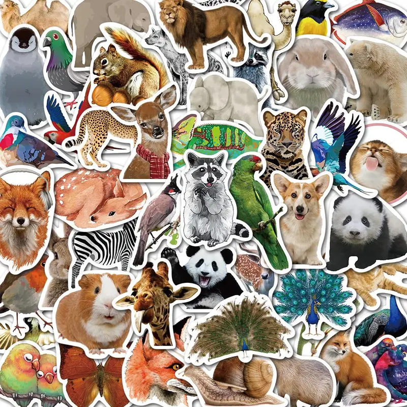 Animal World Pattern Sticker, 50pcs/set Cute Cartoon Animal Decorative Sticker, DIY Decals for Water Bottle, Phone Case, Scrapbooking, Journal Making