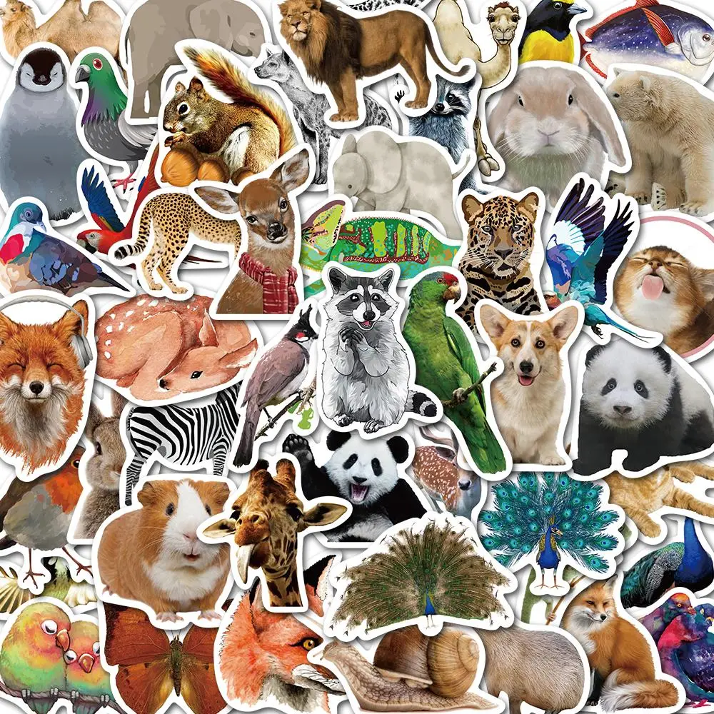 Animal World Pattern Sticker, 50pcs/set Cute Cartoon Animal Decorative Sticker, DIY Decals for Water Bottle, Phone Case, Scrapbooking, Journal Making