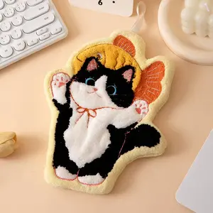 Cute Black-White Cat Coral Fleece Hand Towel Original Lucky Design Machine Washable for Kitchen Bathroom Adorable Compact Size Soft Absorbent Material Perfect Gift