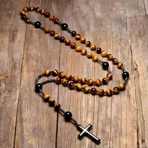 Tiger Eye Stone Rosary Catholic Christian Hematite Cross Pendant Necklace Gift for Friends Holiday Present