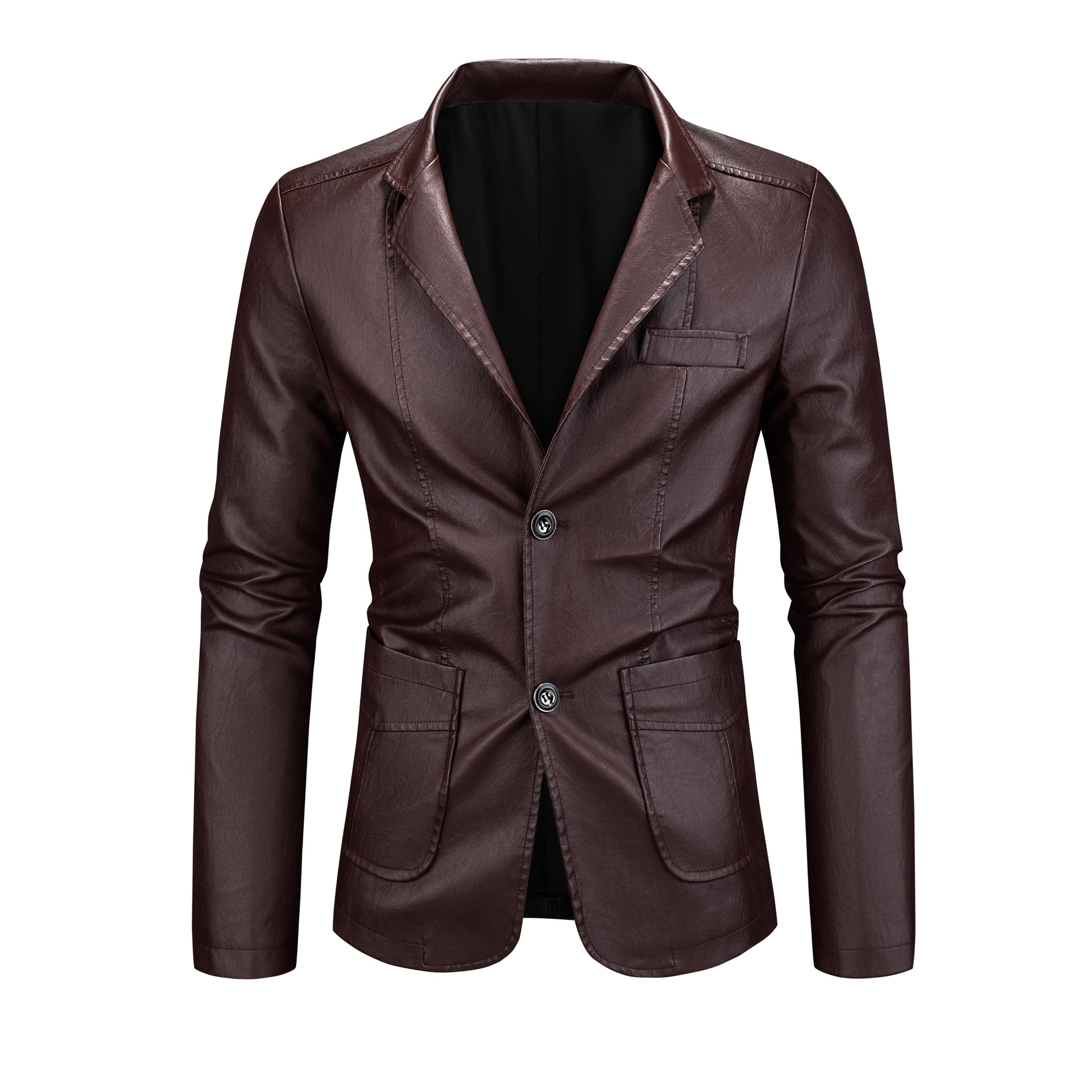 Men's Chic Faux Leather Slim-Fit Double-Button Blazer - Plain, Do Not Iron Business Casual Menswear for All-Seasons Commuting