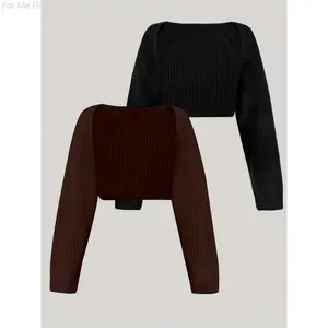 Qianzhuo Digital Store Solid Color Knit Crop Cardigan 2 Packs, Elegant Long Sleeve Shrug For Spring & Fall, Women's Clothing