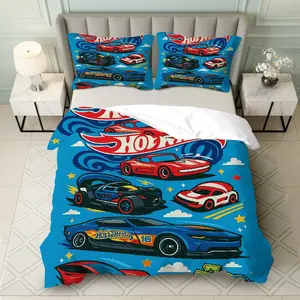 3PCS Duvet Cover Set, 1 Duvet+2 Pillowcases(Without filler), Racing Cars Hot Wheels Colorful Vibrant Fun theme, Christmas bedding set, Auto Enthusiast Suitable for decoration Bedroom Dorm Room Living Room Game Room, Bed Sets Supplies