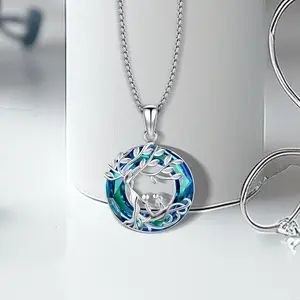 DRINSPER Elegant S925 Sterling Silver Tree of Life Crystal Pendant Necklace for Women Mother Mom Daughter Family Children, Round Ygdrasil Family Tree Design Charm Jewelry Accessories Gift