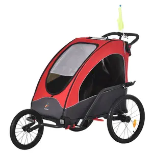 Aosom Bike Trailer for Kids 3 in1 Foldable Child Jogger Stroller Baby Stroller Transport Carrier with Shock Absorber System Rubber Tires Adjustable Handlebar Kid Bicycle Trailer Red and Grey Gift for Christmas Day Birthday