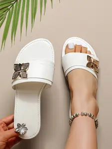 Women's Gold Clover Decor PU Leather Slippers, Open-Toe Comfortable Flat Shoes, Ideal for Work, Party, Beach, Gifts