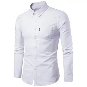 OxfordCottonLongSleeveShirtMen'sFittedSolidColorCasualWearforMiddle-AgedYoungMenTopBeigeWhiteLapelNecklinePocket