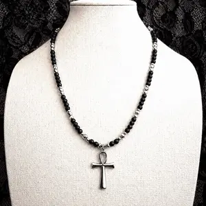 Black Onyx Ankh Necklace, Silver Hematite Necklace, Non-Tarnish Stainless Steel Ankh Pendant, Kemetic Jewelry, Spiritual Gift