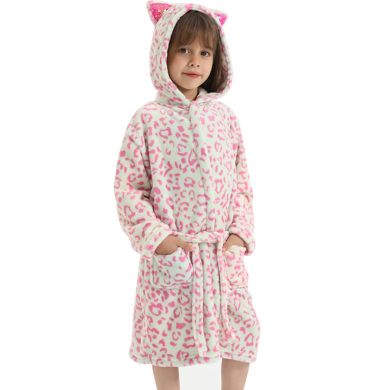 Girls Pink Leopard Cat Face Hooded Fleece Cozy Wear – Soft Plush Home Wear Ages 3-12 Soft Nightgown Sleepwear Nightgown